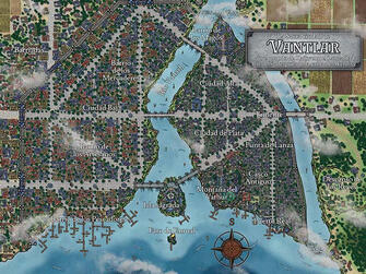 Mapa hecho con inkarnate de la Ciudad de Vantlar, donde transcurre la historia. Es una ciudad costera y está atravesada por un río. Destaca el Palacio Real y el Templo mayor, situado en una isla en la desembocadura.